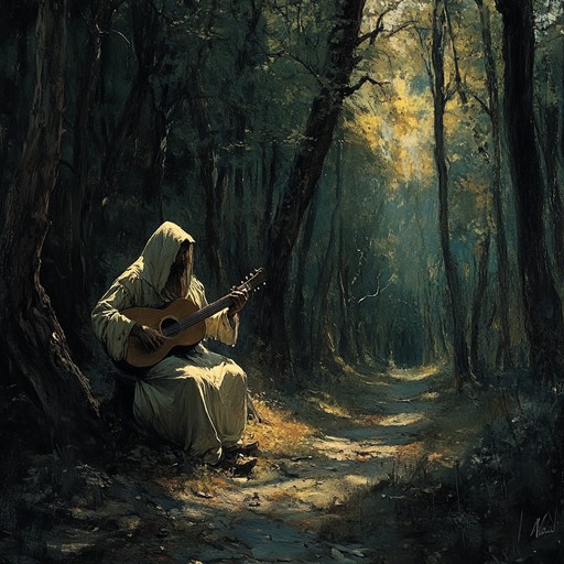 A peaceful lute melody conveying the quiet reflections of a medieval troubadour meandering through an ancient, serene forest, every chord drawing a sense of wistful contemplation.