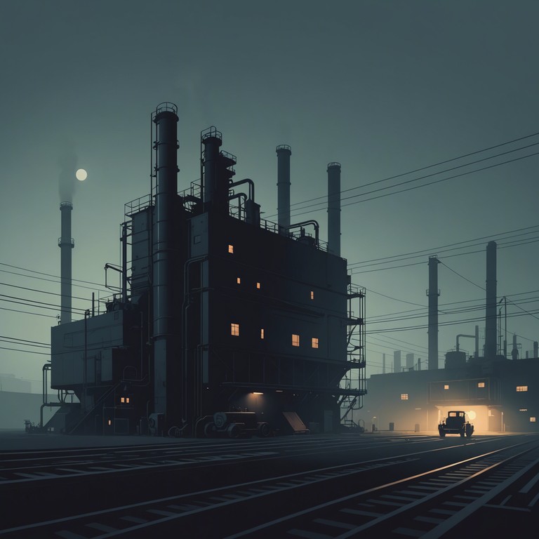 This track should embody the relentless, heavy essence of both industrial environments and rock's raw edge, combined with a suspenseful build up that echoes through pulsating rhythms and dark, metallic noises, creating a soundscape filled with tension and mystery.