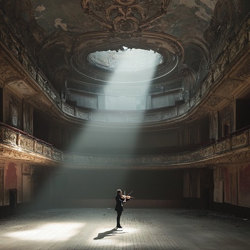 A haunting composition that picture a grand, derelict auditorium where the past legends of opera and ballet once performed. Now silent and forlorn, the music rekindles its forgotten stories, playing out in whispering echoes that fill the expansive space with bittersweet memories. A solo violin dominates, playing sorrowful yet beautiful melodies that intertwine with the shadows of the past.