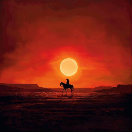 A haunting melody carried by somber guitar chords, echoing across the barren desert landscape. The music captures the isolation and untold stories of the wild west, evoking images of lone riders under the setting sun. Layers of atmospheric echoes and subtle drum beats add depth and tension.