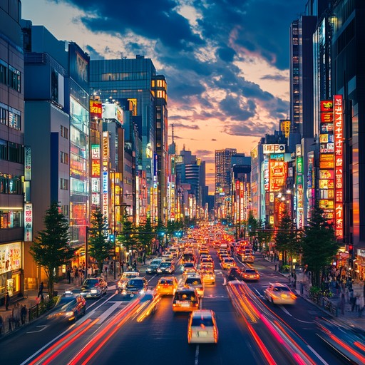 An instrumental track that captures the spirit of a bustling, futuristic tokyo through rich and vibrant soundscapes that echo the vastness of the city and the energy of its youth. It combines traditional japanese instruments with modern symphonic elements to create a feeling of awe and innovation.