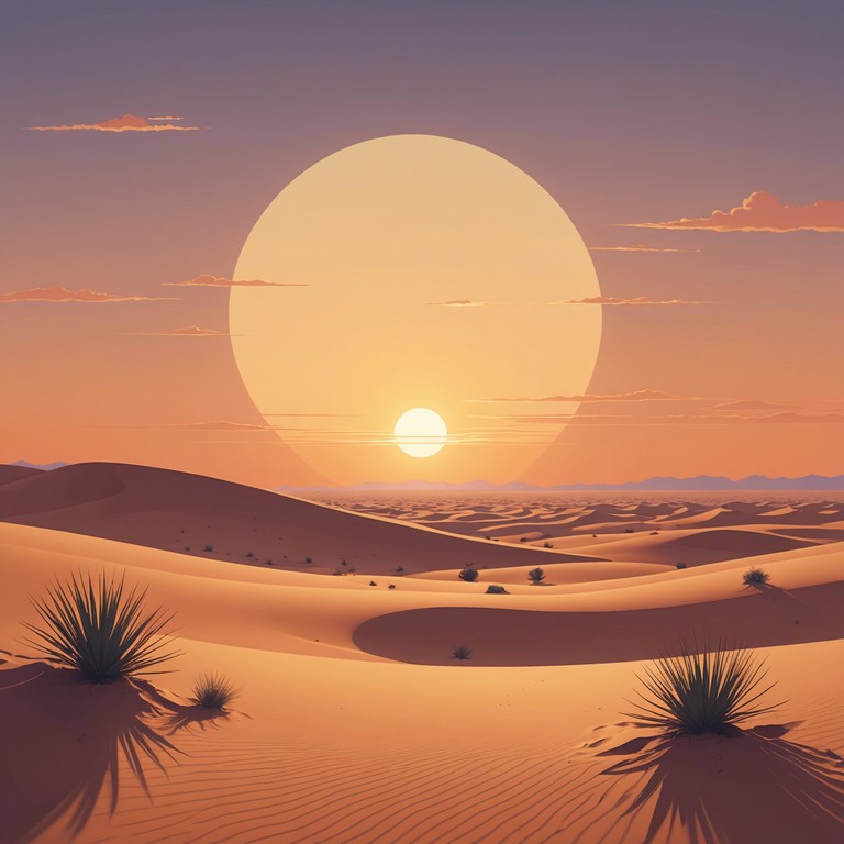 A peaceful manifestation of sound where traditional ethnic flutes blend gracefully with the subtle rhythms of desert winds, capturing the vast, open tranquility of the sands and evoking a sense of deep contemplation and solitude. The music flows like the wind itself, unpredictable yet smoothly controlled, providing a serene soundscape suitable for relaxation or meditative practices.