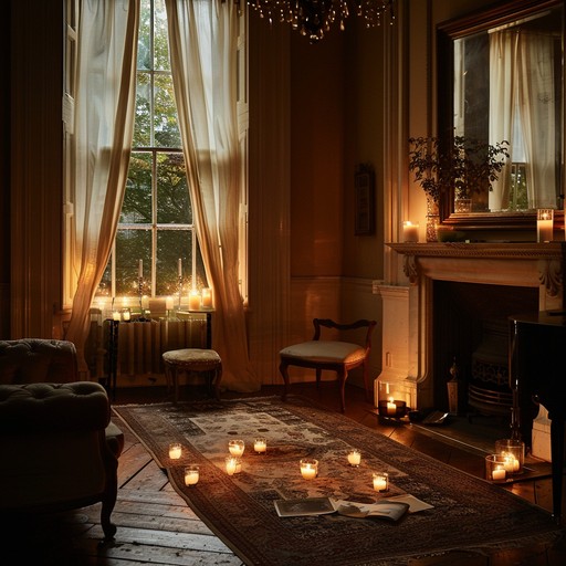 This composition takes you to an elegant yet dimly lit victorian lounge where the soft clinks of glasses and gentle murmurs create a backdrop to this mesmerizing musical performance. The pianist, barely visible through the dim candlelight, plays a selection that feels both comforting and slightly unsettling, perfectly capturing the mood of an otherworldly evening.