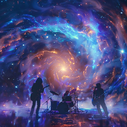 A hard rock instrumental filled with raw energy and cosmic synths, creating a powerful auditory experience reminiscent of cosmic storms. Electric guitar and drums dominate, providing an epic and enigmatic journey through sound.