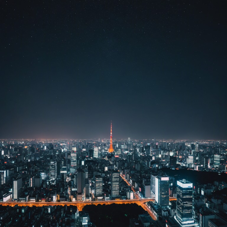 Imagine floating through the nocturnal skies of tokyo, enveloped by the soft glow of city lights and the tranquil essence of chill lo fi beats. This composition combines traditional japanese instruments with the rhythmic flow of hip hop, creating an ethereal urban landscape.