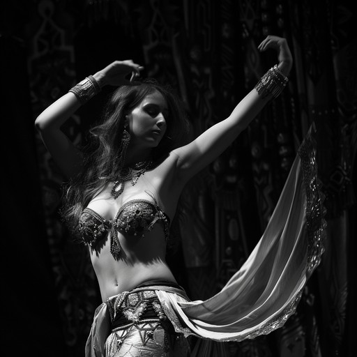 A seductive and enchanting egyptian bellydance song featuring traditional arabic instruments. The mesmerizing rhythms and exotic melodies transport the listener to a world of mystery and allure, evoking images of shimmering veils and graceful movements under the starlit desert sky.