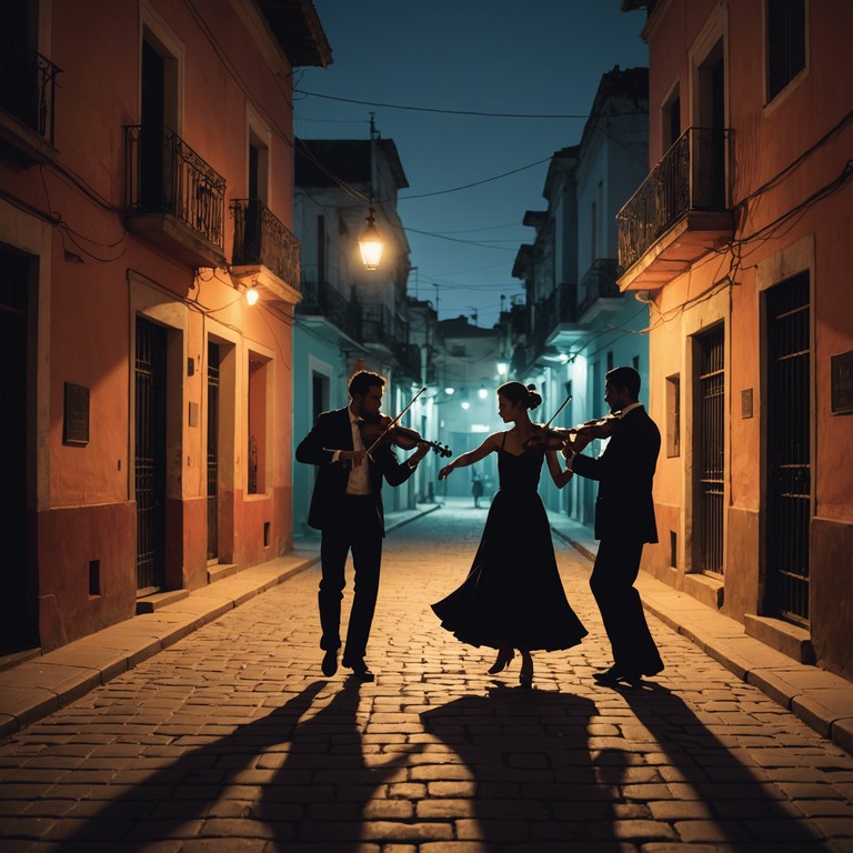 An orchestration featuring a soft and mellow violin playing, interlaced with gentle latin rhythms that evoke an atmosphere of an intimate dance during a serene evening.