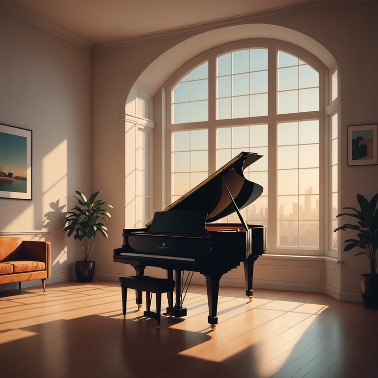 In a spacious, dimly lit room, a grand piano stands alone at the center, its sound resonating off the walls, embodying the essence of solitude and introspection. As each note is played, the echoes fill the void, creating a haunting yet peaceful atmosphere. The piece captures the feeling of being alone but not lonely, exploring the depths of solitary reflection through melody.