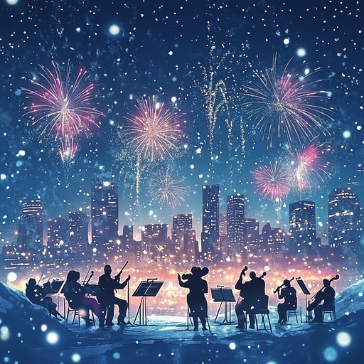 An electrifying orchestral piece featuring powerful percussion and brass, evoking the energy and excitement of a festive holiday gathering amidst a snow laden city under vibrant fireworks