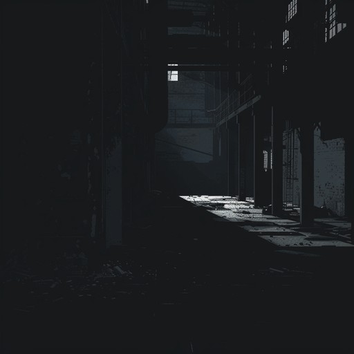 Create a brooding, mechanical atmosphere with heavy distortion and industrial beats. Emphasize the relentless dark tone using grinding riffs and eerie sound effects, capturing a dystopian landscape.