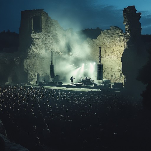 Imagine a track that revives ancient whispers through electrifying rock renditions, combining eerie background atmospherics with vigorous electric guitar riffs, symbolizing an archaeological dig that unexpectedly turns into a rock concert amid ruins.