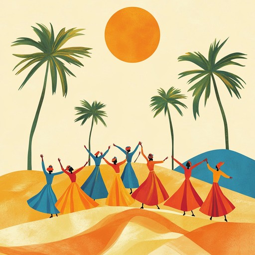 An energetic instrumental piece blending traditional middle eastern melodies with modern rhythms, evoking images of joyful celebrations and dances under the sun drenched skies of the desert