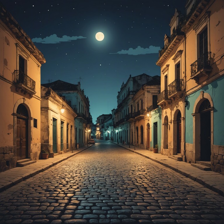 Imagine a serene night in havana, where the quiet, soothing rhythms of rumba gently envelop the city under a luminous moon. The music features a soft and steady percussion that evokes a sense of peace and timelessness haunting the listeners with its simplicity and depth.