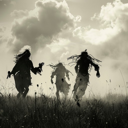 Deep, rhythmic tribal drums pound out a powerful, driving beat as various percussion instruments, chants, and whistles interweave in a frenzied, primal dance. The music pulses with raw energy, building in intensity as it progresses, evoking the spirit of an ancient tribal ritual under the moonlight.