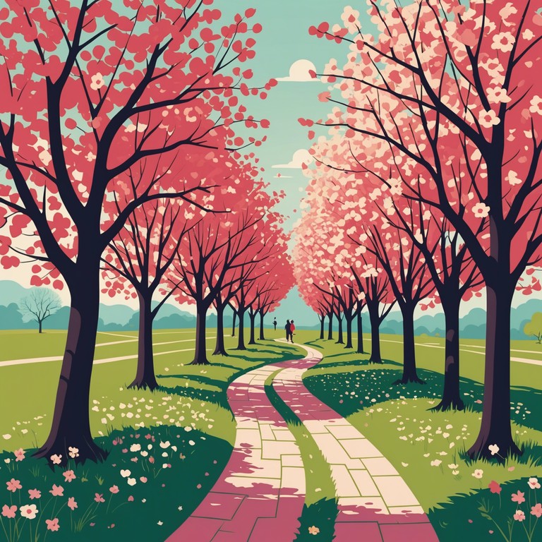 Imagine a gentle walk along a path lined with the vibrant and lush cherry blossoms of spring, the music capturing the essence of nature's quiet beauty and the flutter of petals in the mild breeze.