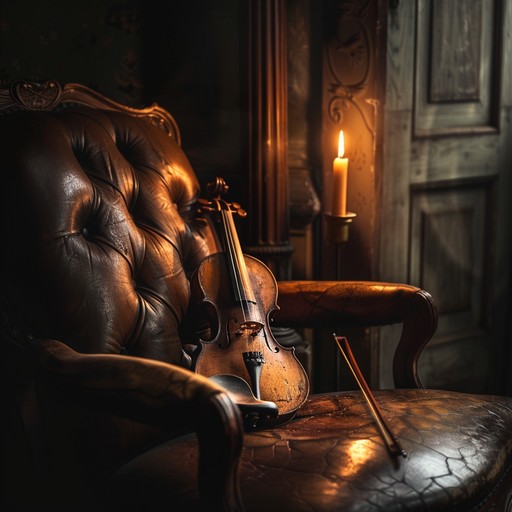 In a darker alternate description, the piece gets even more personal and direct, with the violin performing as if whispering secrets directly to the listener. The atmosphere is thick with tension, and shadows play hauntingly against the backdrop of a dimly lit room, suggesting imminent, unseen threats.