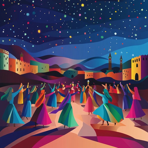 A vibrant instrumental track featuring traditional middle eastern instruments, capturing the energy and joy of a desert festival under the stars.