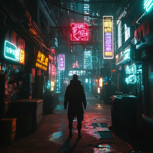 An intense instrumental blending aggressive electronic synths and pounding industrial beats to create a vivid cyberpunk atmosphere of a city ruled by machines.