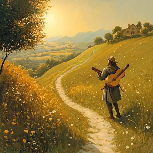 A lively instrumental troubadour song featuring vibrant lute melodies and cheerful flute harmonies, evoking the spirit of joyful journeys through picturesque medieval landscapes