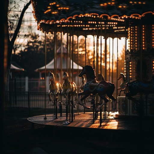 Imagine a dimly lit cabaret with swirling, shadowy figures. The playful yet eerie piano melody sets the scene, evoking a sense of grotesque carnival delights. An air of nostalgia mingles with a feeling of being slightly on edge, as if you're waltzing with a mischievous spirit through the twilight.