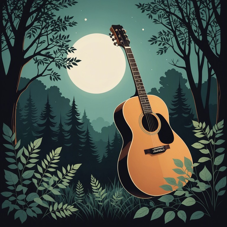 Delve deeper into the heart of the forest where soft acoustic strings weave through the ethereal gloom, accompanied by the subtle whispers of the night, creating a profound sensory experience of solitude and deep connection with nature.