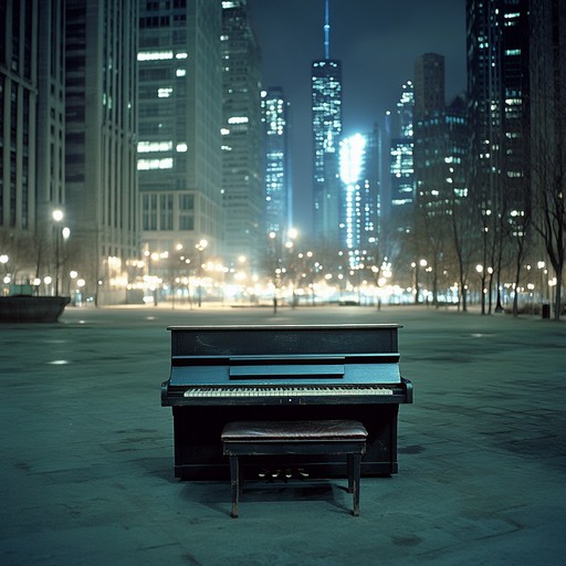 An ethereal, melancholic piano piece echoing through a deserted city at midnight. The notes are sparse and somber, drawing out feelings of solitude and reflection. The city once filled with life is now abandoned, under a blanket of night, capturing the essence of desolation and loneliness.