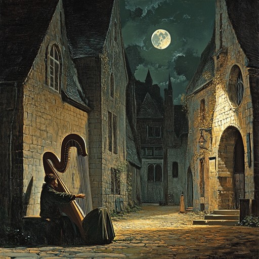 An emotional instrumental troubadour song featuring a delicate harp melody, capturing the essence of medieval romance and heartache. The piece transports listeners to a serene courtyard where a lone troubadour plays a heartfelt tune under the moonlight, expressing love and longing. The harp's tender strings weave a rich tapestry of emotion that resonates with a sense of historical poignance.