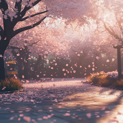 An enchanting instrumental piece featuring soothing tones that capture the gentle falling of cherry blossom petals in a tranquil japanese garden at dawn.