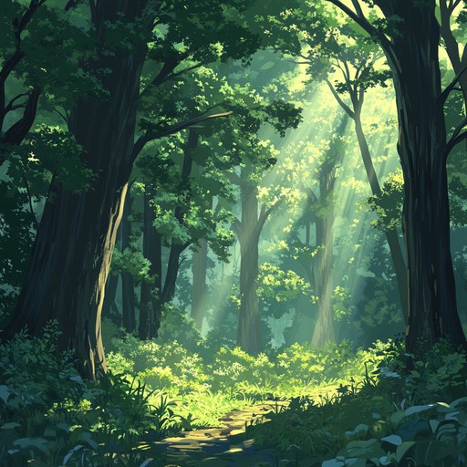 Imagine a serene soundtrack that captures the essence of walking through a lush, verdant forest. Gentle wind rustles the leaves, creating a peaceful ambience that envelopes the listener in calmness. The composition aims to transport you to a remote sanctuary where nature's untouched beauty can be truly appreciated.