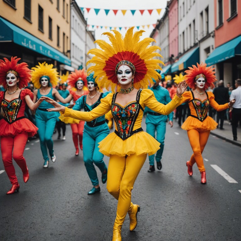 Imagine a bustling street festival under the bright sun, where joyful rhythms of cumbia music fill the air, encouraging everyone to dance with happiness. Featuring traditional colombian instruments, the music captures the spirit of a lively fiesta, where every beat spells uninhibited joy and community celebration.