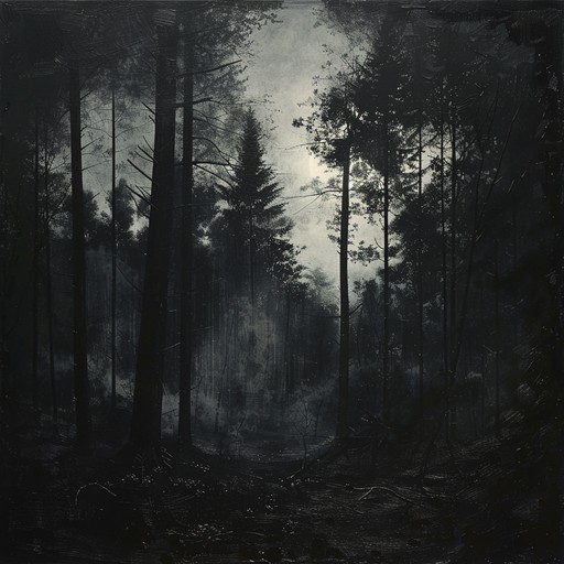 An ominous symphony unfolds with dark string sections weaving a tale of unknown terrors. Layers of violins and cellos build tension, leading to a crescendo of eerie harmonics and haunting melodies. The music captures a sense of foreboding and heavy atmosphere, immersing the listener into a world of suspense and mystery.