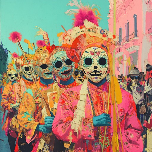 A lavish instrumental track featuring opulent brass melodies intertwined with thrilling rhythms, conjuring images of grand masquerade balls and vibrant street parades during mardi gras. The dynamic shifts capture the pulse of celebration, blending elegance and festivity seamlessly.