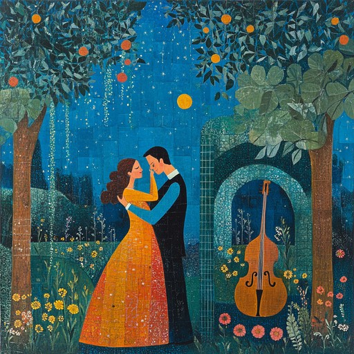 A gentle interplay of banjo and fiddle echoing the whispers of lovers in a moonlit appalachian meadow. The music flows softly, capturing the tender moments shared under the serene night sky