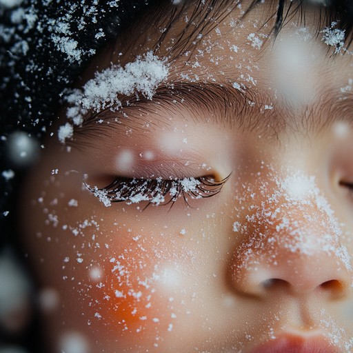 Imagine a scene of the first serene snowfall of winter, where delicate snowflakes gently land on the eyelashes of a young child. The music captures the shimmering beauty and the quietude of a snowy day through the soft, tender notes of a piano. The piece evokes a sense of wonder and the pure joy experienced during these first moments of winter.