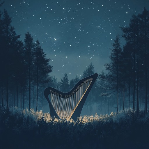 Delicate harp strings weave a serene soundscape that transports listeners to peaceful, starlit realms. The music gently caresses the senses, fostering relaxation and inner calm.