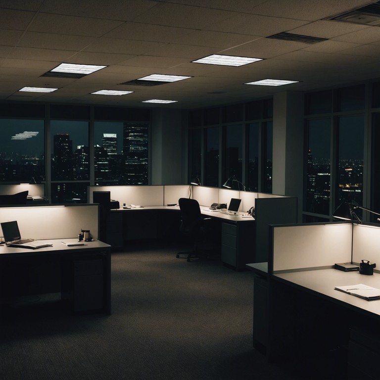 This track embodies the eerie and unsettling atmosphere often masked by the polished surface of corporate life, using dissonant chords and a creeping tempo to evoke a sense of suspense and subtle dread. Its soundscape serves as an auditory metaphor for the lurking uncertainties and pressures within the professional workplace.