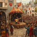 joyous medieval lute tune echoing through lively market square.