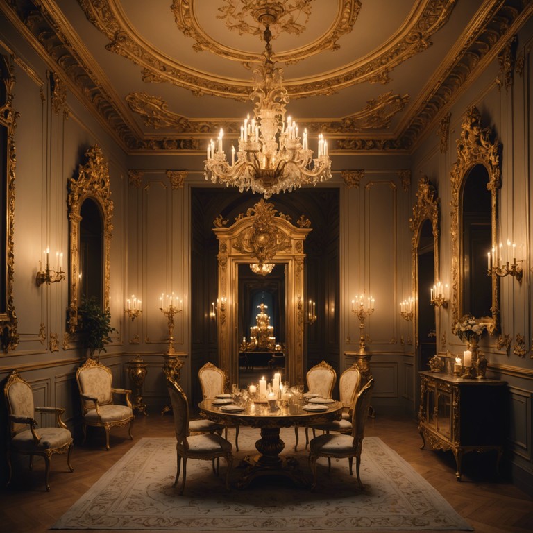 In a grand baroque setting, this composition weaves intricate, high pitched harpsichord lines that communicate a tense atmosphere, painting a scene of whispered secrets and hurried discussions among ornate halls and lavish decor. The music captures the essence of urgency and secrecy, resonating through the echoes of an opulent past. The layers of harmony intertwine, creating an anxious yet sophisticated narrative.