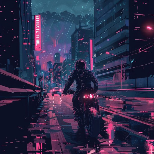 Pulsing basslines, shimmering synths, and glitchy beats paint a vivid picture of a cyberpunk metropolis at night. Layers of atmospheric pads and arpeggiated melodies intertwine, evoking the sense of cruising through the city's dark alleys and towering skyscrapers.