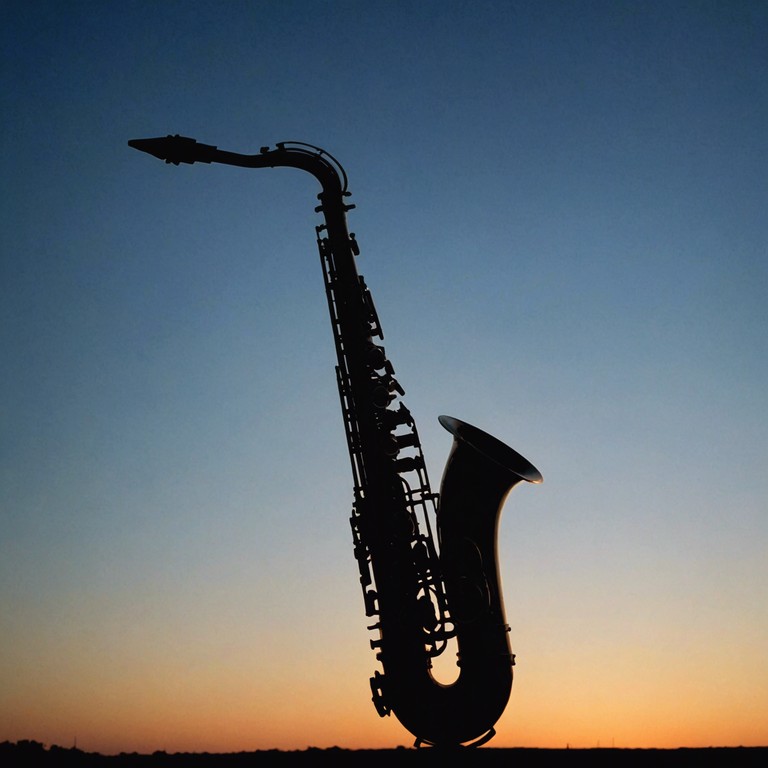 This alternative description paints a picture of the same soulful saxophone melody played under the early morning sky, suggesting a transition from darkness to the faintest light, representing hope amidst desolation.