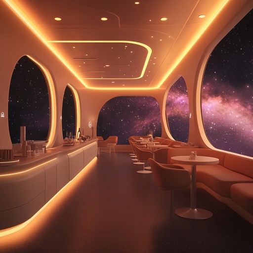 A calming track echoing through the chambers of a futuristic space cafe. The music features mellow synths, soft electronic beats, and gentle ambient sounds, creating an atmosphere of dreamy tranquility.