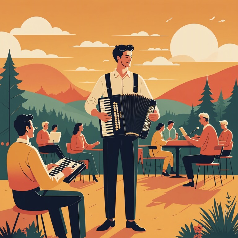 Imagine dancing with hundreds of joyful people as the sun sets, everyone in high spirits, celebrating life with a german twist, underscored by the versatile sounds of an accordion.