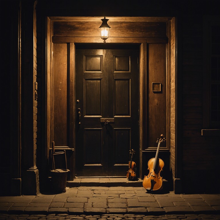 In the haunting stillness of a moonless desert night, the chilling sound of a violin plays a haunting melody that seems to foretell danger, wrapping the dusty landscape in a blanket of suspense and foreboding.