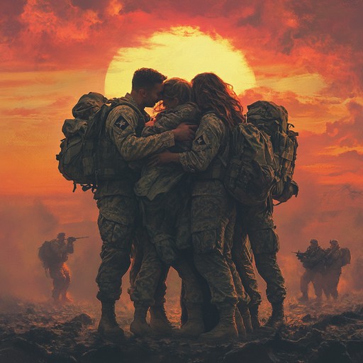 An emotional orchestral piece featuring soaring strings and triumphant brass that evokes the joy and relief of soldiers reuniting with loved ones after battle. The melody builds gradually, symbolizing the journey home, culminating in a powerful finale that honors their bravery and sacrifices.