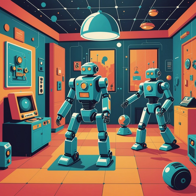 The scene is a futuristic playroom where robots groove to vibrant, catchy electronics that inspire movement and excitement. A perfect blend of whimsy and high tech vibes, designed to be visually and auditorily stimulating.