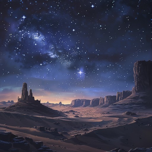 Immerse the audience in a mythical starlit night over a vast, desolate desert expanse with ancient echoes and haunting melodies that stir the soul and awaken hidden emotions.