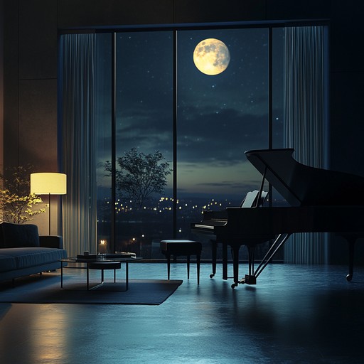 An instrumental piece featuring delicate piano harmonies, evoking peaceful feelings of a quiet night, enveloping the listener in a warm, soothing ambiance reminiscent of a serene lounge under moonlight