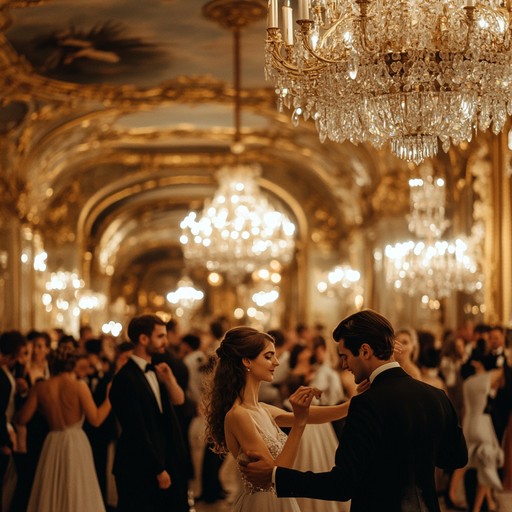 Imagine a luxurious parisian ballroom adorned with chandeliers and velvet drapes, where elegantly dressed couples glide across the marble floor to a confident, flowing waltz. The grand piano leads with an exquisite melody, accompanied by a gentle yet assured rhythm section that evokes the opulence and sophistication of a bygone era.