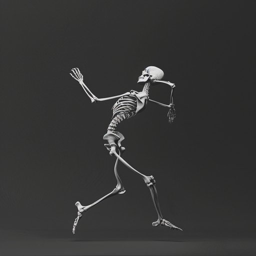 A lively, upbeat tune with a spooky twist. Animated skeletons dance and rattle their bones under the pale moonlight in a misty graveyard. The music is energetic and playful, yet with an eerie undertone befitting the macabre scene.