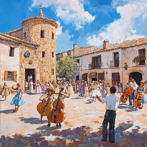 A joyful polka set in a sunlit village, capturing the spirit of communal dances and festivities. The vibrant accordion melodies lead the ensemble, supported by rhythmic percussion and bright brass accents. This piece evokes the image of a lively crowd dancing together, celebrating life and happiness.